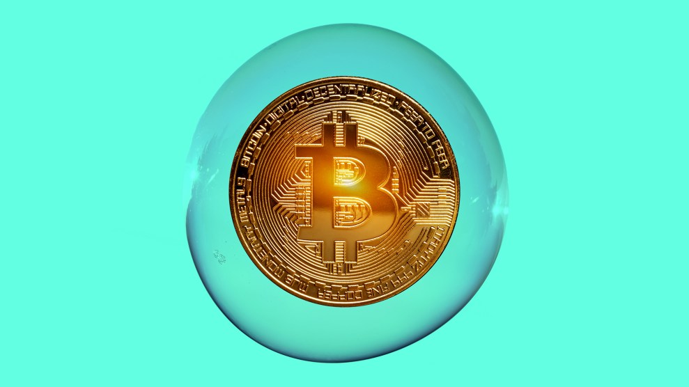 An illustration of a bitcoin hovers inside a bubble.