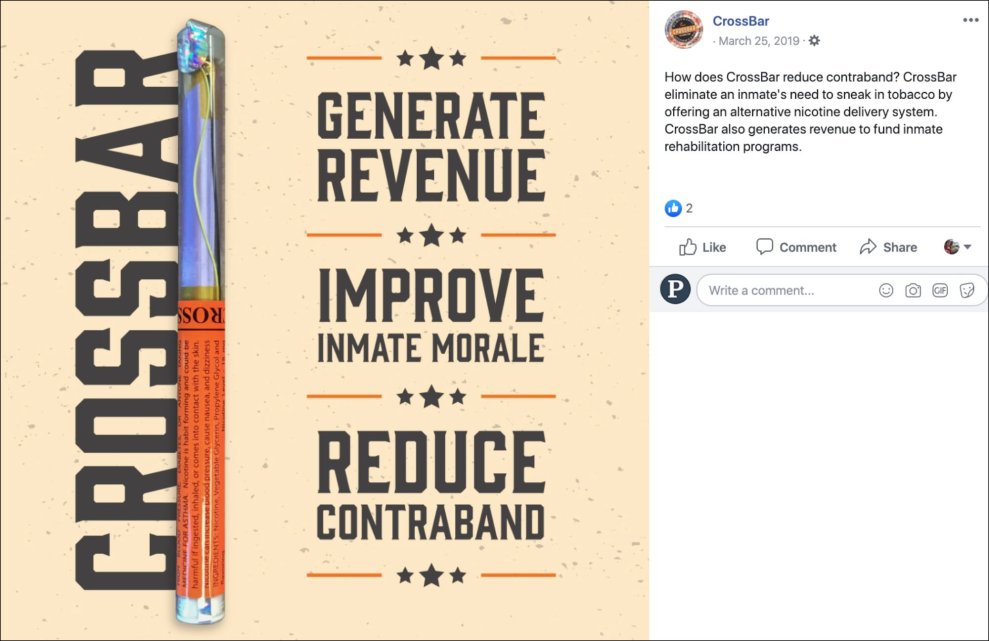 A colorful Facebook ad describes e-cigarettes as generating revenue, improving inmate morale, and relating "contraband" for jails.