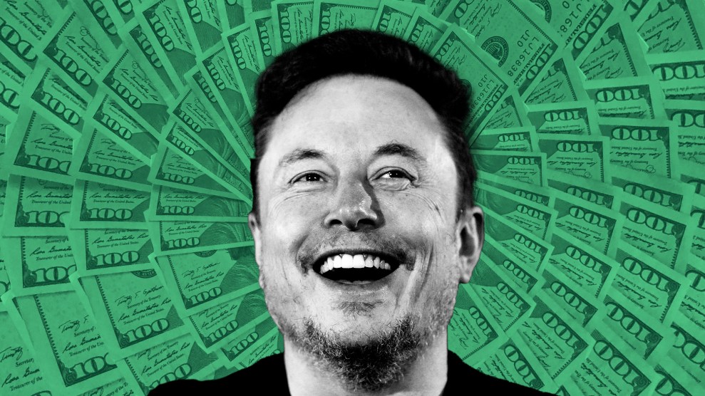 Elon Musk is centered on a background of one hundred dollar bills, arranged in a spiral.