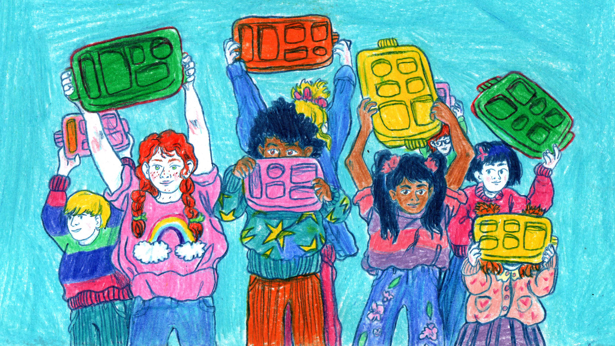Colored drawing of children hold ing up empty lunch trays.