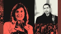 A photo collage of Nikki Haley and Barack Obama. Nikki Haley's photo has a red tint, and Barack Obama's photo is black-and-white.