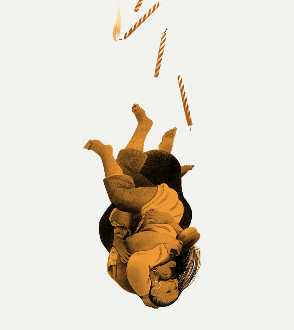 An illustration of a Black child and their Black mother falling upside down. The illustration is in an orange tint. They are surrounded by illustrations of candles that are lit.