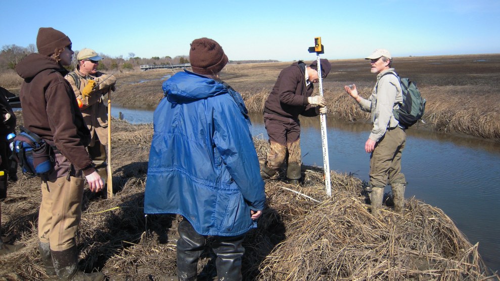 There is a group of white people in fall clothing standing near a marsh with measuring tools. It is a sunny day