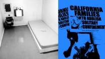 A collage of two images. The first, on the left, is of a solitary prison room with a toilet, bed and water dispenser visible. The second, one the right, is of two people holding up posters that say "California Families to Abolish Solitary Confinement."