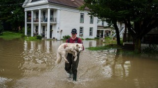 Man carrying white dog through flooded town in Vermont.