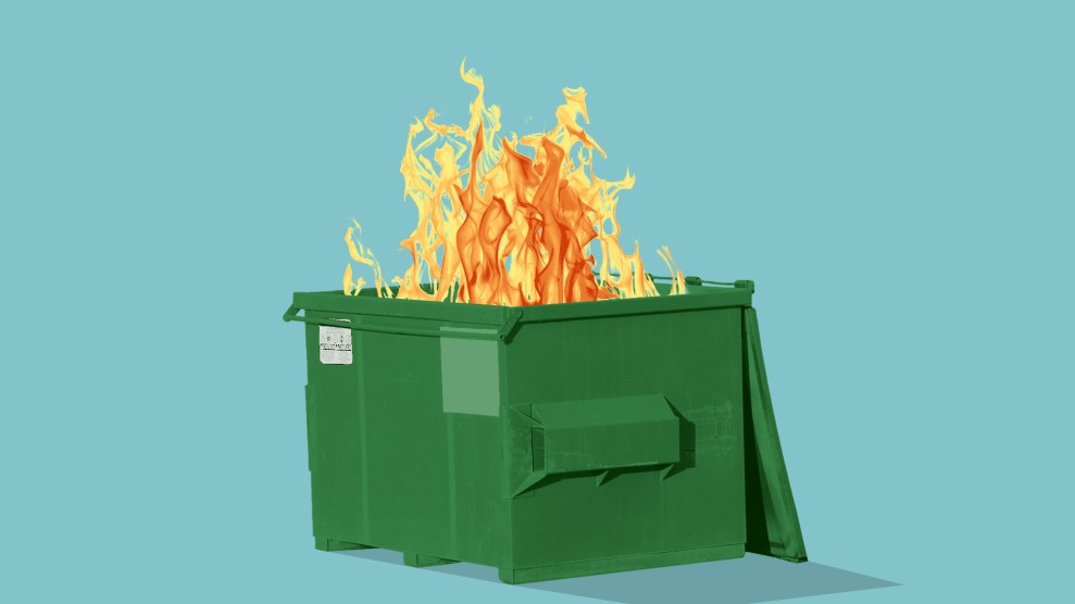 A photo illustration of a fire in a dumpster.
