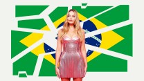 An illustration that features a photo of Margot Robbie at a movie premiere of "Barbie." She's wearing a short, pink glittery dress as she stands in front of a Brazilian flag that's broken into a dozen pieces.