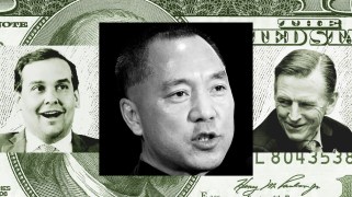 Collage of Guo Wengui and House representatives George Santos of Queens, New York, and Paul Gosar of Arizona against the background of a hundred dollar bill.