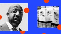 A photo illustration that pairs two black-and-white photos against a royal blue background. On the left is a square, tightly cropped portrait of Raphael Warnock's face. On the left side of the illustration is a slightly smaller square photo of five voting booths. There are six red dots across the illustration on top of and below the two images.