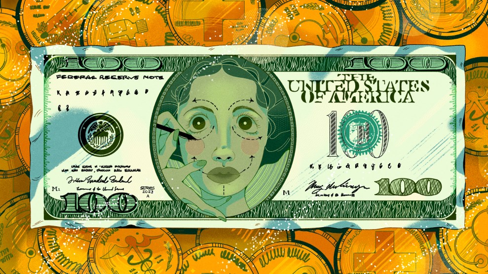 An illustration of a 100 dollar bill with clown makeup being put on the person on the bill