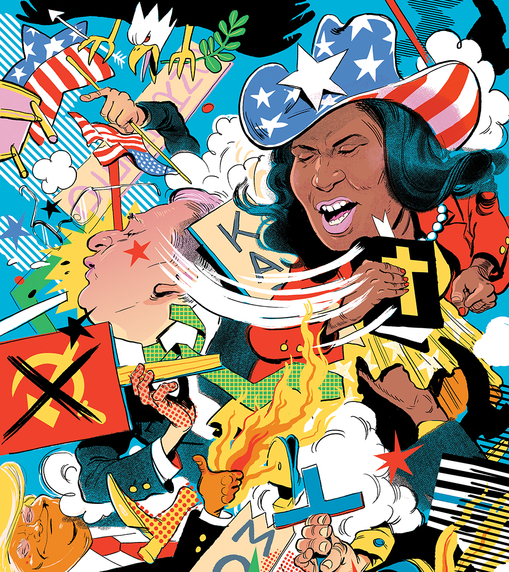 An illustration of several members of the Michigan GOP in a dramatized brawl. A Black woman meant to be Karamo is the central figure using a bible as her weapon in the fight. An orange-faced Trump appears in the corner. There are several American flags and crosses.