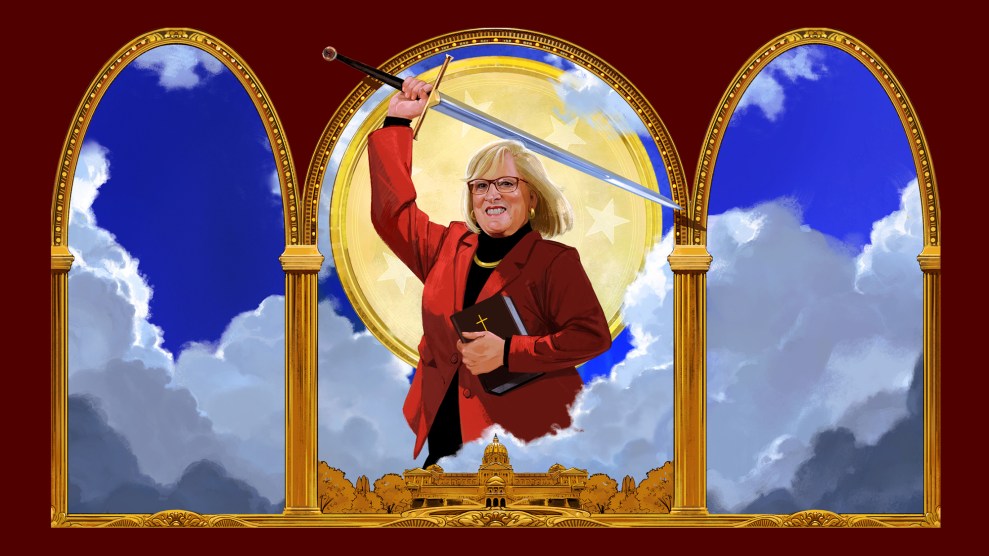 An illustration of Abby Abildness, a white woman with blonde hair, holding up a sword as light shines down on her