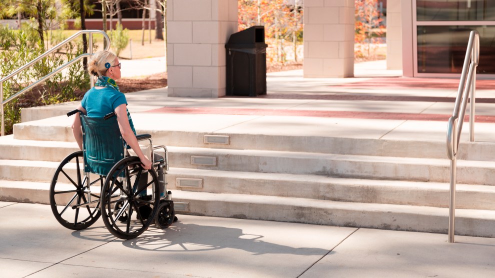 Disabled woman faced with inaccessble stairs to office or college building.