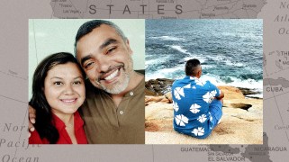 A diptych of Carlos Sauceda pictured with Yahaira along with another image of Carlos where he is sitting on the ground overlooking the ocean. The diptych overlays a sepia map of the United States and Central America.