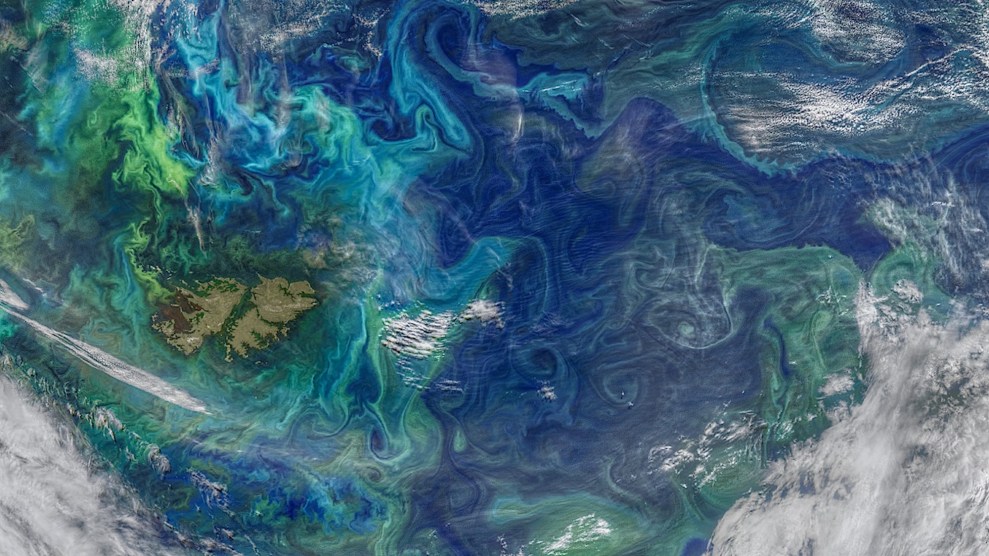 Imaging of Sub-mesoscale ocean dynamics, like eddies and small currents, are responsible for the swirling pattern of these phytoplankton blooms (shown in green and light blue) in the South Atlantic Ocean