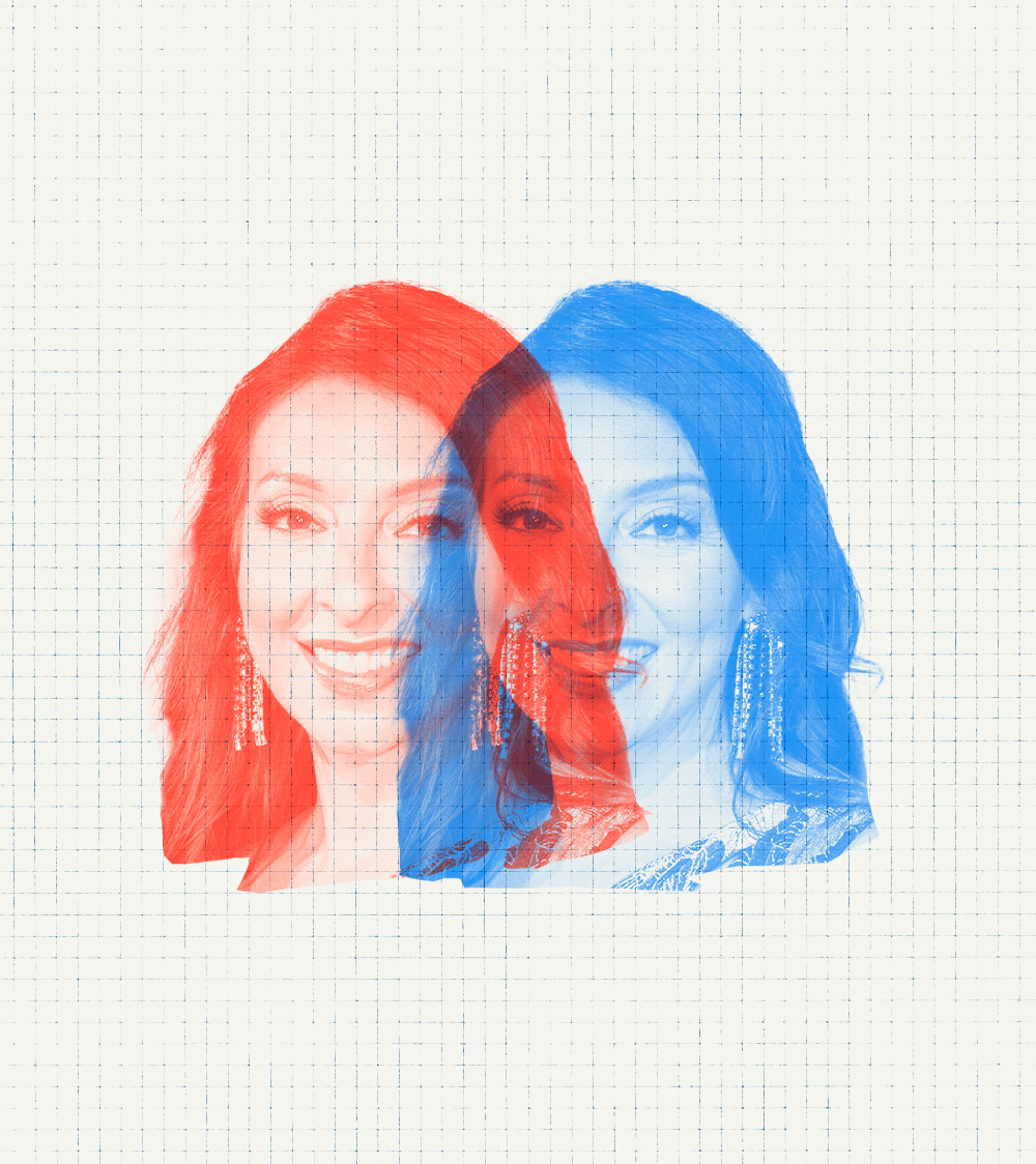 An illustration showing two copies of Erika Donalds' face overlapping. One layer is red and one is blue.