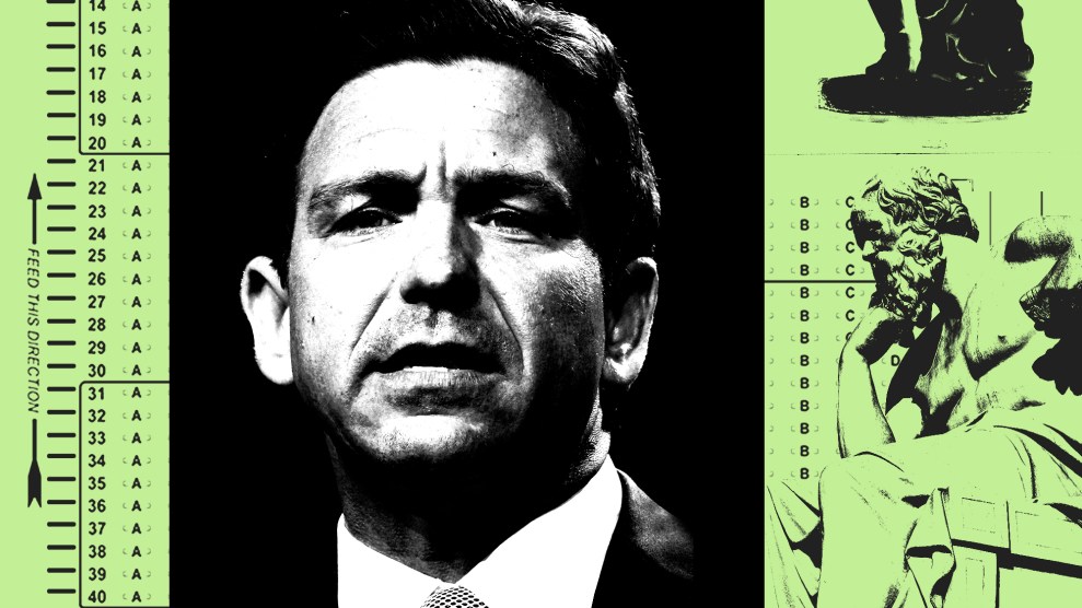 In the middle of the illustration there is a black square with a black and white photo of Governor Ron Desantis. To the left there is a green rectangle with markings from a scantron test. To the right there is a larger green rectangle featuring a collage of the scantron test and a statue of the Greek philosopher Socrates.