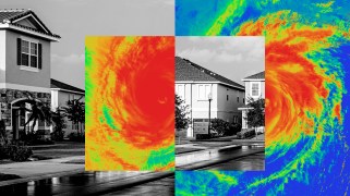 On the left half of the image is a black and white photograph of a neighborhood in Florida, featuring homes with palm trees in front. Overlaid is a smaller rectangle with the image of a hurricane, colored with red, yellow, green, and blue like a heat map. On the right half, the colored image of the hurricane in in the background, with another small rectangle of the same size that shows more of the black and white photograph of the Florida neighborhood homes.