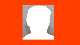 A cropped photo of a prison mugshot sits centered on a red background. The figure in the mugshot is a white silhouette of Donald Trump.