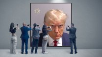 An illustration of a crowd of people looking at a framed image of Donald Trump's mugshot.