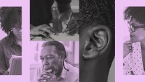 A collage of African American faces, young and old, against a purple background.