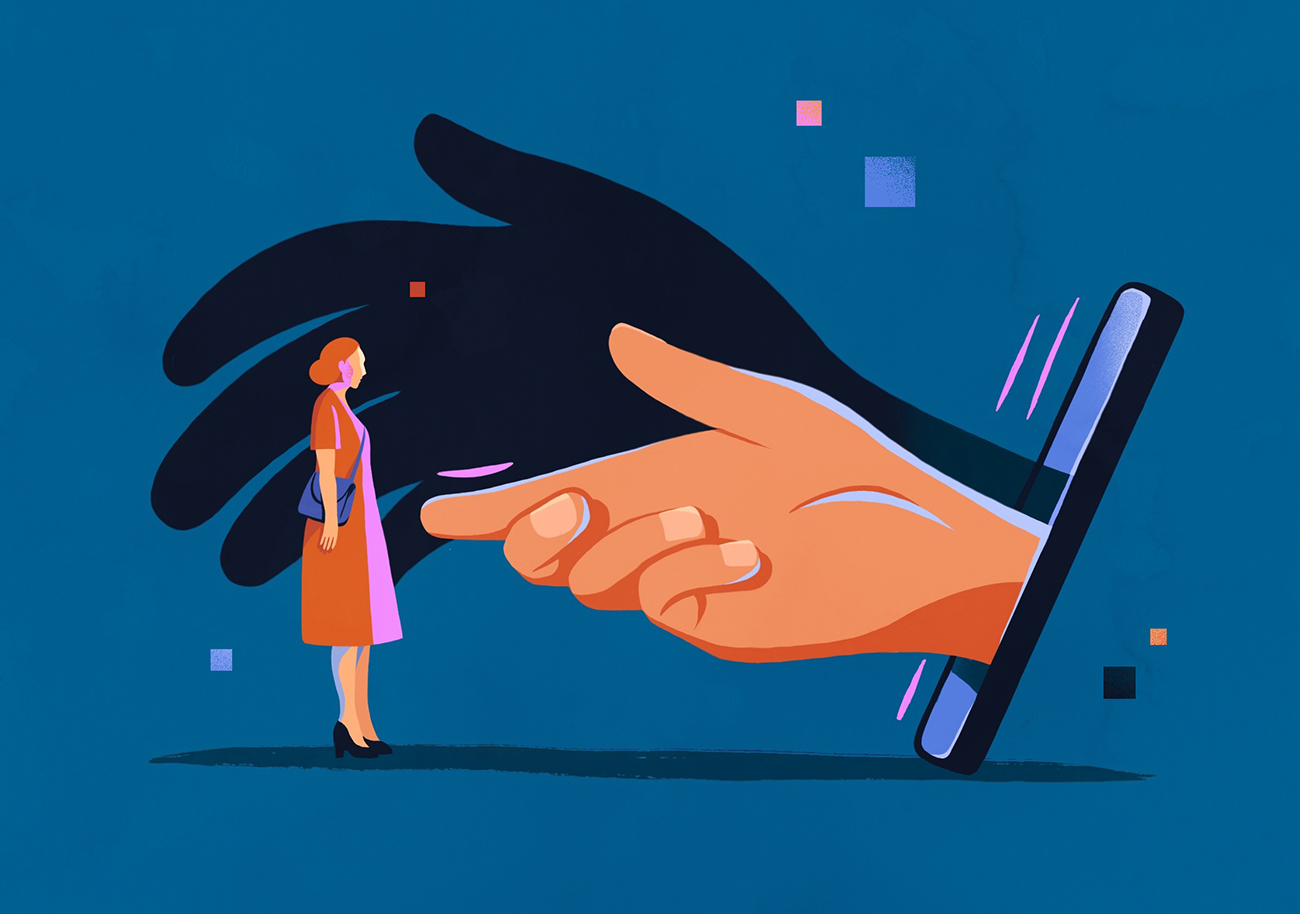 An illustration of a giant hand coming out of a mobile phone. The hand is making a friendly, welcoming gesture at a small female figure. In the back of the scene, the hand's shadow is in a more menacing position and looks like it's reaching out to grab the woman.
