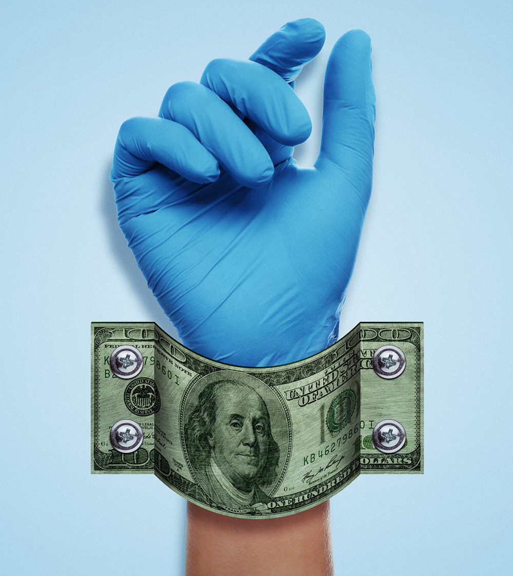 A hand wearing a blue surgical glove is shackled to a blue wall. The shackle is made of a 100 dollar bill and is attached with bolts.