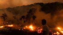 view of flames as a forest burns, in the village of Dikela, near Alexandroupolis town, in the northeastern Evros region, Greece,