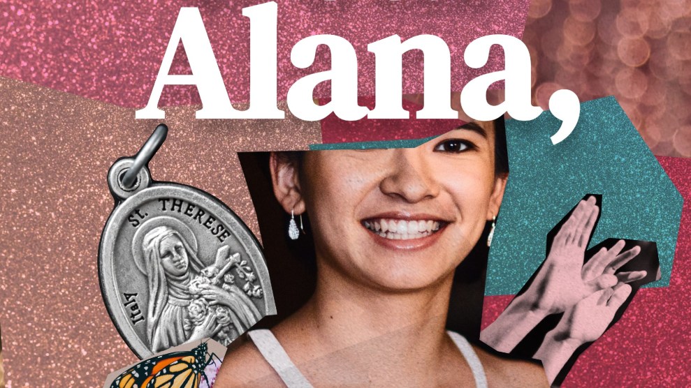 An image with the text "Alana," shows a young women's partial face. She has dark hair and pale skin. Behind her there are cut-outs of a necklace, butterfly, and hands.