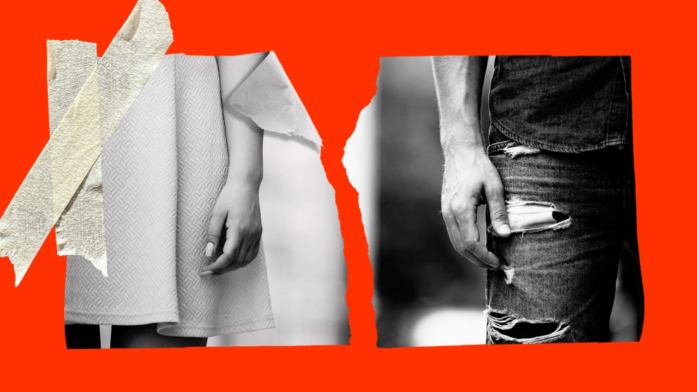There is a black-and-white picture of a couple torn in two on a red back ground. The victim's half of the photo on the left curls away from her abuser, pictured on the right. Two pieces of tape on the far left holds the victim's photo in place, keeping her from escaping her abuser.