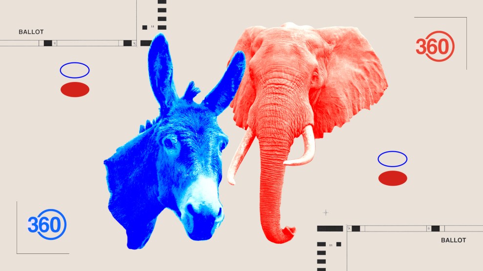 Een collage van de hoofden van een blauwe ezel en een rode olifant in het midden, omlijst door verkiezingsstembiljetten rechtsonder en linksboven.  Er zijn ook rode en blauwe ovalen, maar de rode ovalen zijn ingevuld. Het Rational 360-logo in rood en blauw is in de rechterboven- en linkerbenedenhoek omlijst.