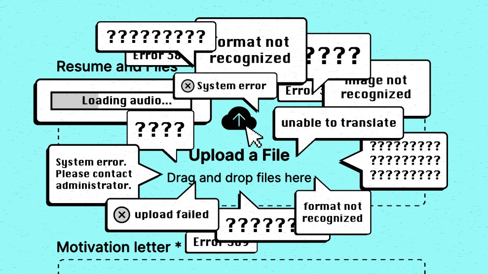 An illustration demonstrating errors in upload. There is a function where people are supposed to upload a file, around it are messages like, “loading,” “???,” “System error. Please contact administer,” and “format not recognized.”