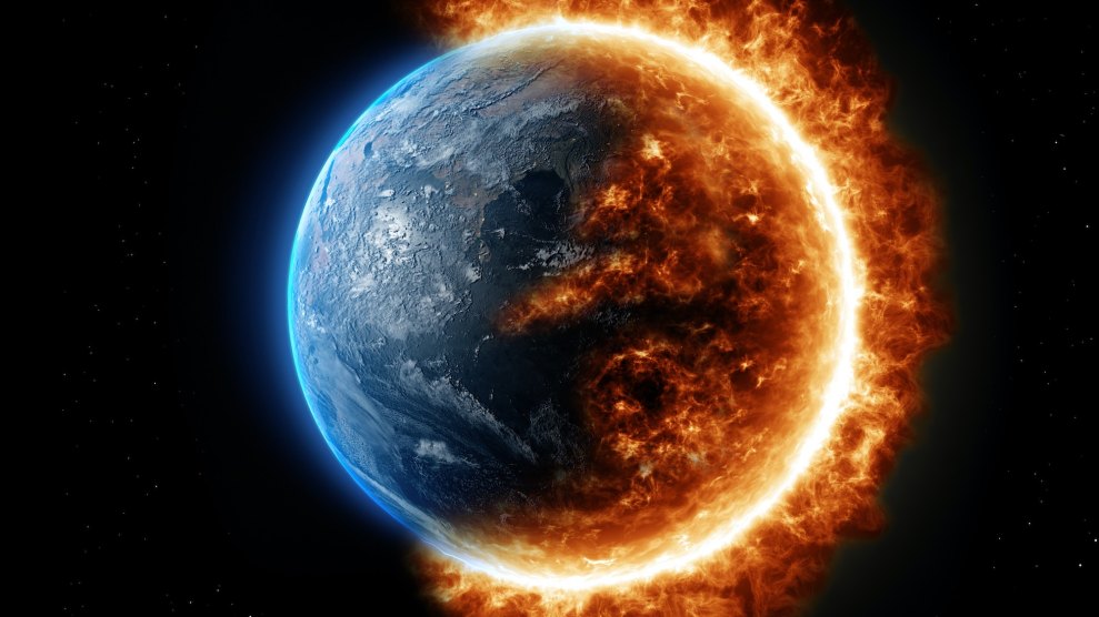 A modeling of the earth depicting half of it being on fire