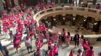 Abortion rights supporters gather for a "pink out" protest organized by Planned Parenthood in the rotunda of the Wisconsin Capitol.