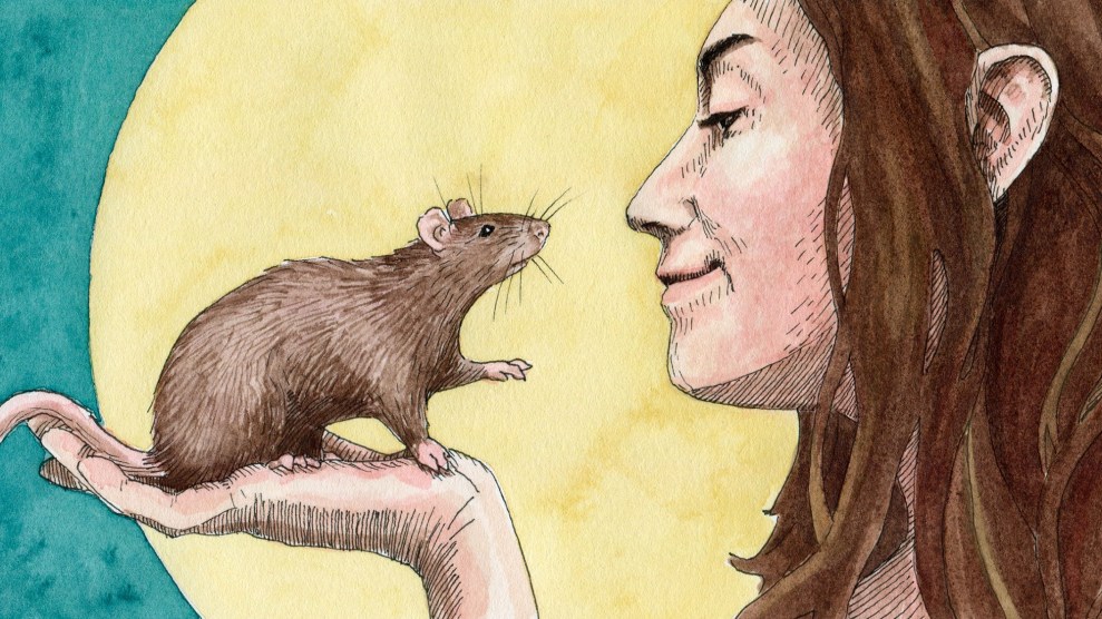 An illustration of a white individual with long brown hair holding a rat up to their face.