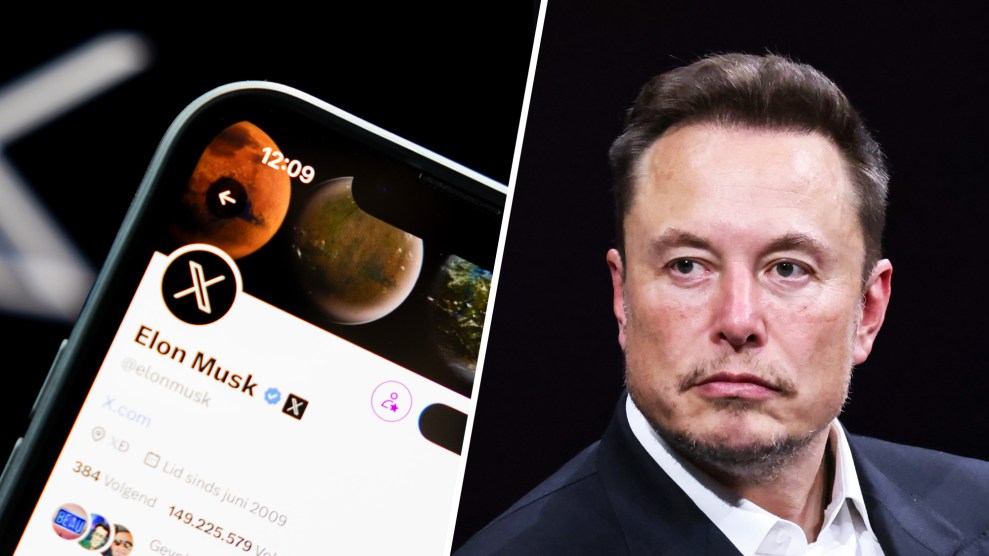 A photo pairing of Elon Musk, right, and a smart phone, left, which shows Elon Musk's X profile