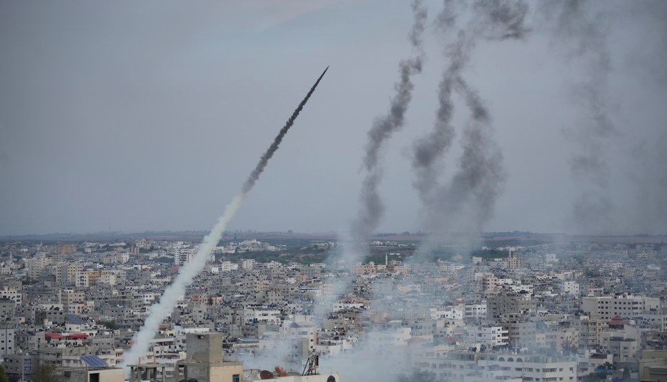 A missle in the air above the Gaza Strip