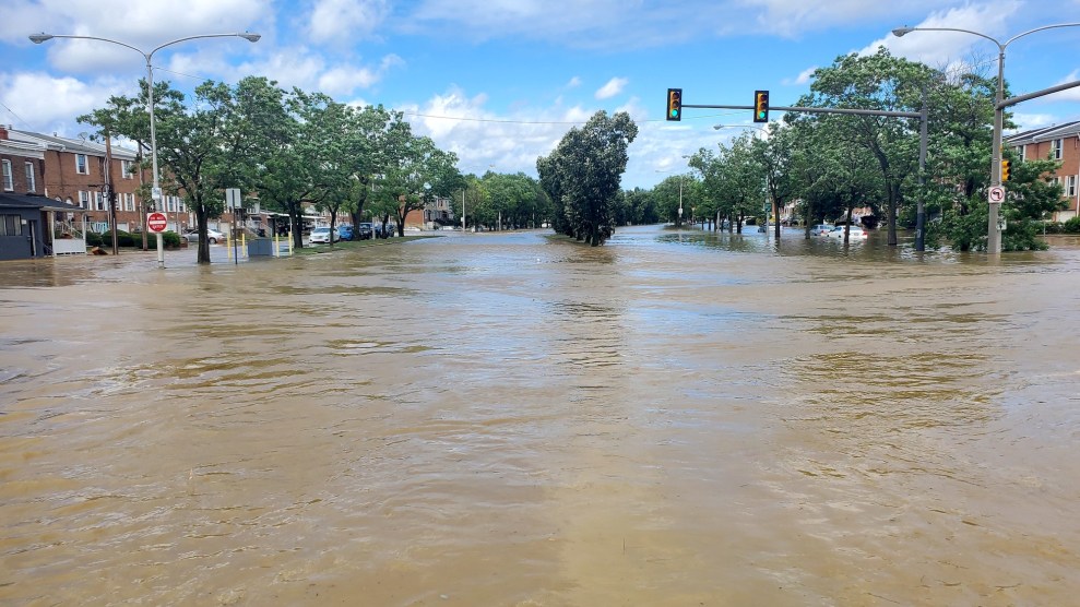 Flooding showing trees, cars and parts of building submerged in water, the sky is blue