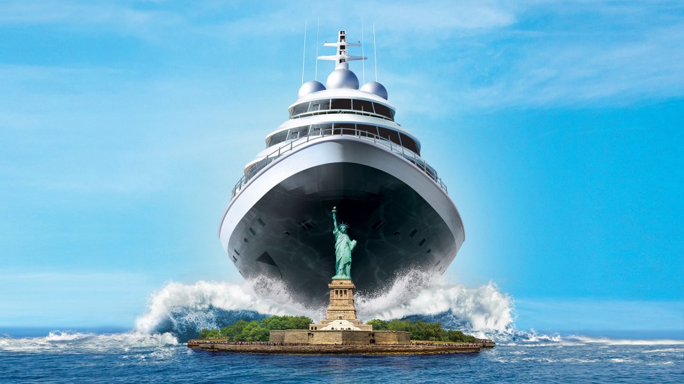 An illustration of a giant yacht heading toward the Statue of Liberty. The yacht is comically huge, about to destroy the stature, which looks tiny in the scene.