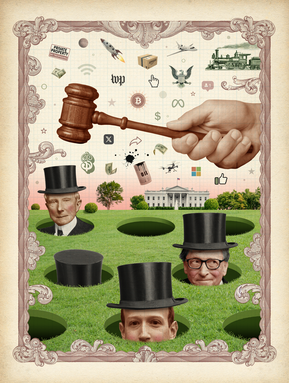 The game of Whac-A-Mole featuring historically wealthy figures John D. Rockefeller, Bill Gates and Mark Zuckerberg.