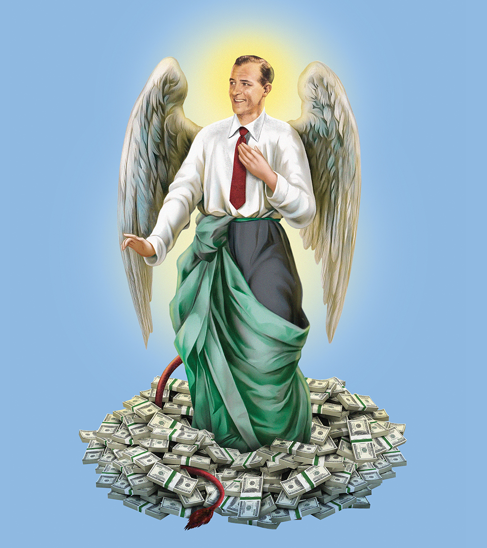A philanthropist with angel wings and a devil's tail stands in a huge pile of cash.