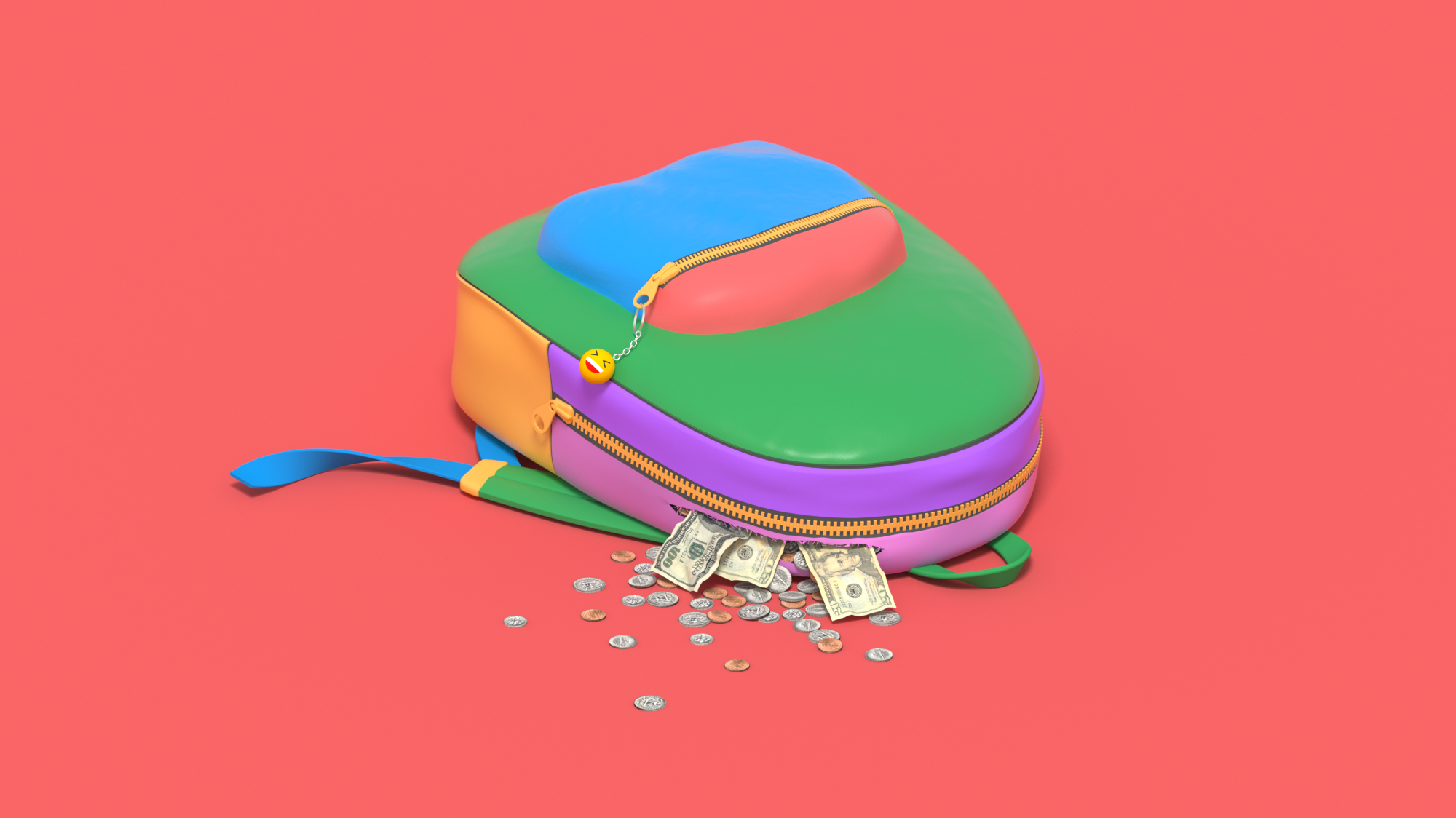 Illustration of a colorful school backpack laying on the floor without a child, and money is falling out of the open zipper.