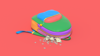 Illustration of a colorful school backpack laying on the floor without a child, and money is falling out of the open zipper.