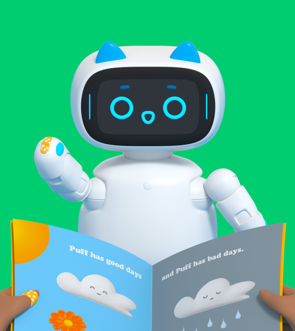 Digital illustration showing the POV of child reading a book to a small friendly robot. The robot is white, on a green background, and waves at the child.