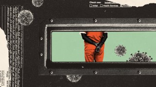 A collage of a prison report, someone in an orange jumpsuit in shackles, and COVID pathogens