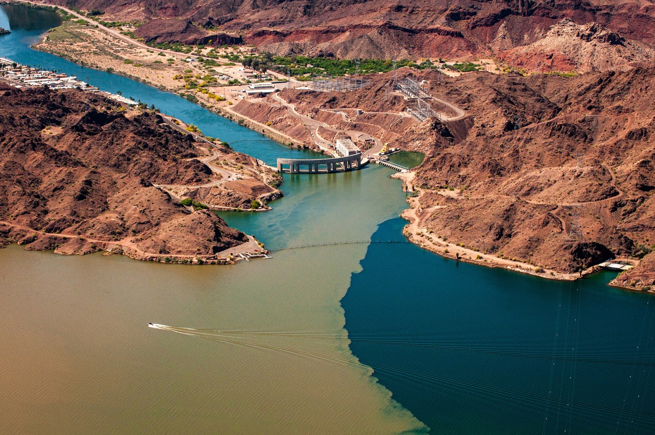 Overview of Parker Dam and the confluence of the Bill Williams River and Lake Havasu with the Colorado River.