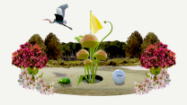 A collage of a venus flytrap at a golf course with some trees and flowers surrounding it, with a bird flying above
