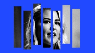 The image is a blue background with 7 rectangles floating on it. Inside the rectangles is a blonde woman, looking at the camera. The woman is in black and white.
