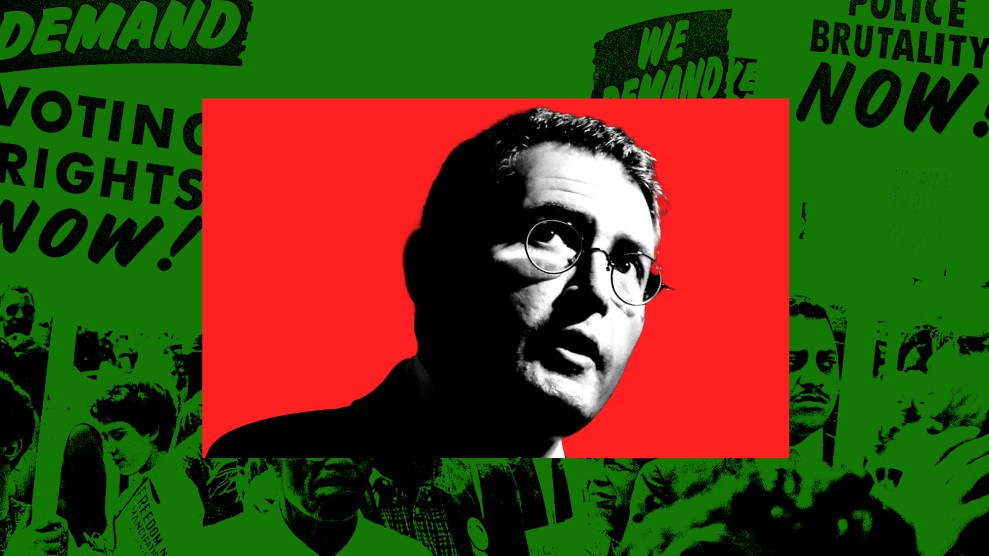 Image features a red rectangle on a colorized photo of a voting rights march. The colorized photo is black and green and shows protesters and protest signs. In the red rectangle is a man with glasses, in black and white.
