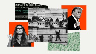 A collage of January 6 insurrectionists climbing the west wall of the the U.S. Capitol in Washington, D.C., in 2001. The image is paired with pictures of Kimberly Guilfoyle, Donald Trump, a slip of an invoice noting expenses and a stack of cash.